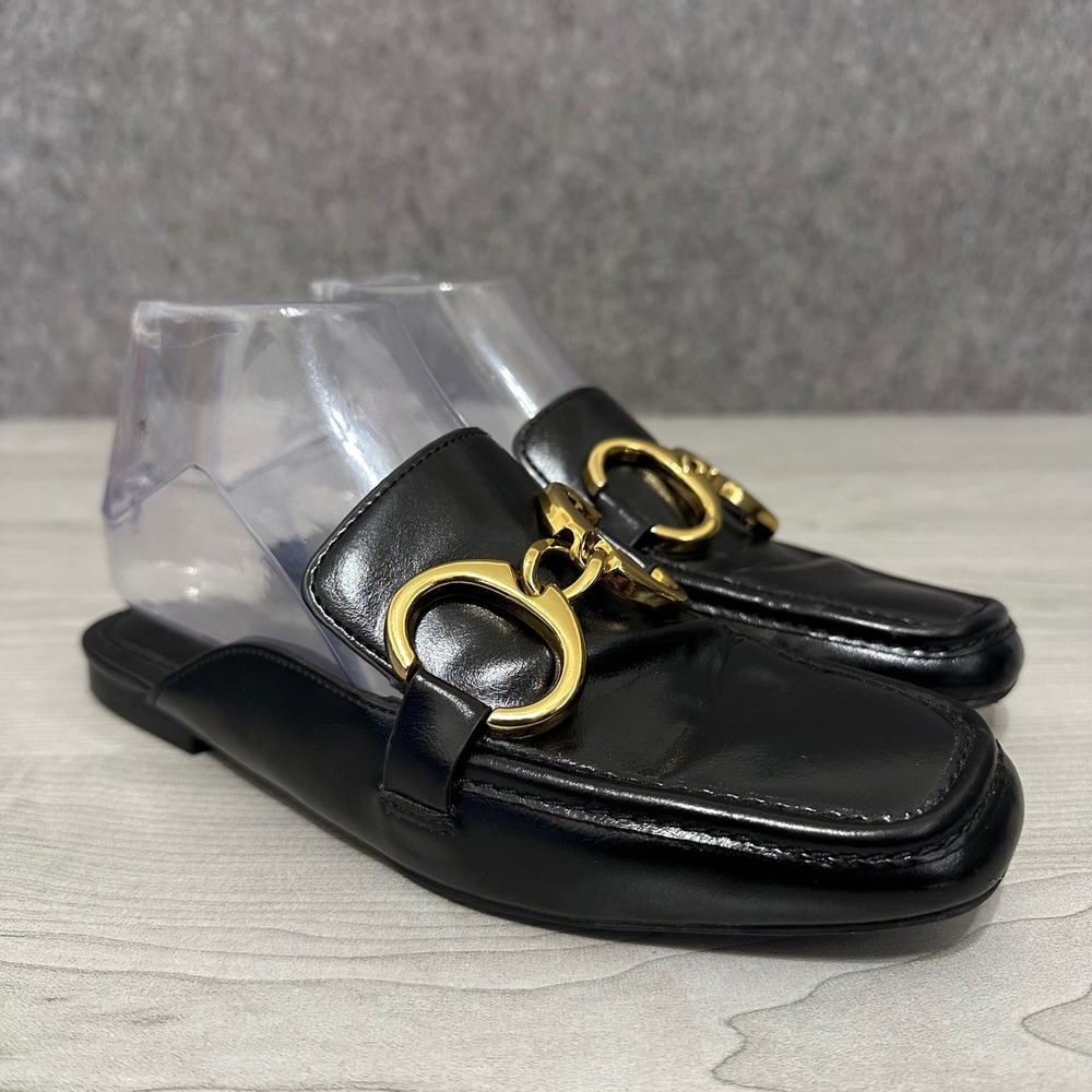 Zara Mules Womens 36 US 6 Gold Chain‎ Link Loafer Slides Square Toe Flat Slip On
